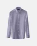 Blue and brown striped poplin shirt with button-down collar and long sleeves