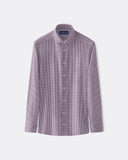 Red and blue check poplin shirt with medium spread collar, shown flat