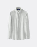 White long-sleeve shirt with fine blue stripes, button front, and medium spread collar.