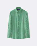 Green micro-check twill shirt shown full-length with spread collar, long sleeves and button front.