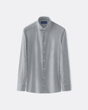 Gray long-sleeve micro-check twill shirt with spread collar and button front