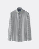 Long-sleeve pencil stripe shirt with a medium spread collar, button front, and striped cuffs.