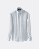Light blue and white graph-check shirt with long sleeves and a spread collar