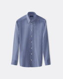 Navy long-sleeve micro-check shirt with button-down collar, shown front-on