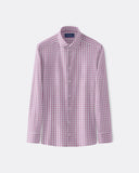 Pink gingham poplin shirt with medium spread collar, button front and long sleeves