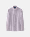 Pink and white striped poplin shirt with a medium spread collar and button cuffs
