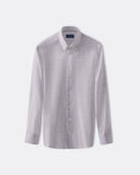 Full-length pale pink needle-stripe poplin shirt with button-down collar and long sleeves