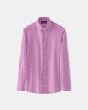 Pink ticking-stripe poplin shirt with a medium spread collar and long sleeves