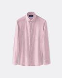 Pink long-sleeve shirt with spread collar and button front.