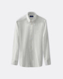 Full view of a pink pinstripe button-down shirt with long sleeves