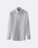 Pink and navy striped long-sleeve shirt with button-down collar