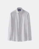 Pink and navy striped long-sleeve twill shirt with spread collar