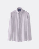 White shirt with fine purple stripes, medium spread collar, and button cuffs