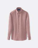Red and white checked twill shirt with long sleeves and a spread collar.
