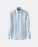 Pale blue spread-collar shirt with button front and long sleeves