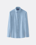 Sky blue micro-check twill shirt shown full-length with spread collar, long sleeves and button front.