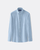 Blue pencil-stripe shirt with a medium spread collar and long sleeves
